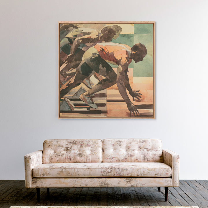 Sprinter Exploding from Starting Blocks Framed Canvas Print, Gym Art, Speakeasy Art, Gym Decor, Oil Painting, Strength, GYM-1x1-51