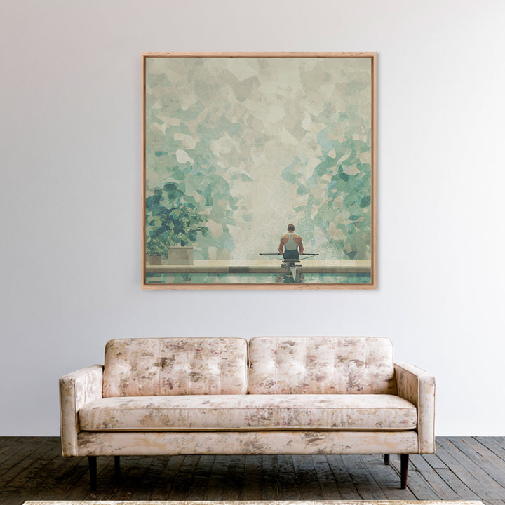 Rowing Athlete with Water Spray and Rhythm Framed Canvas Print, Gym Art, Boho Decor, Gym Decor, Oil Painting, Strength, GYM-1x1-61