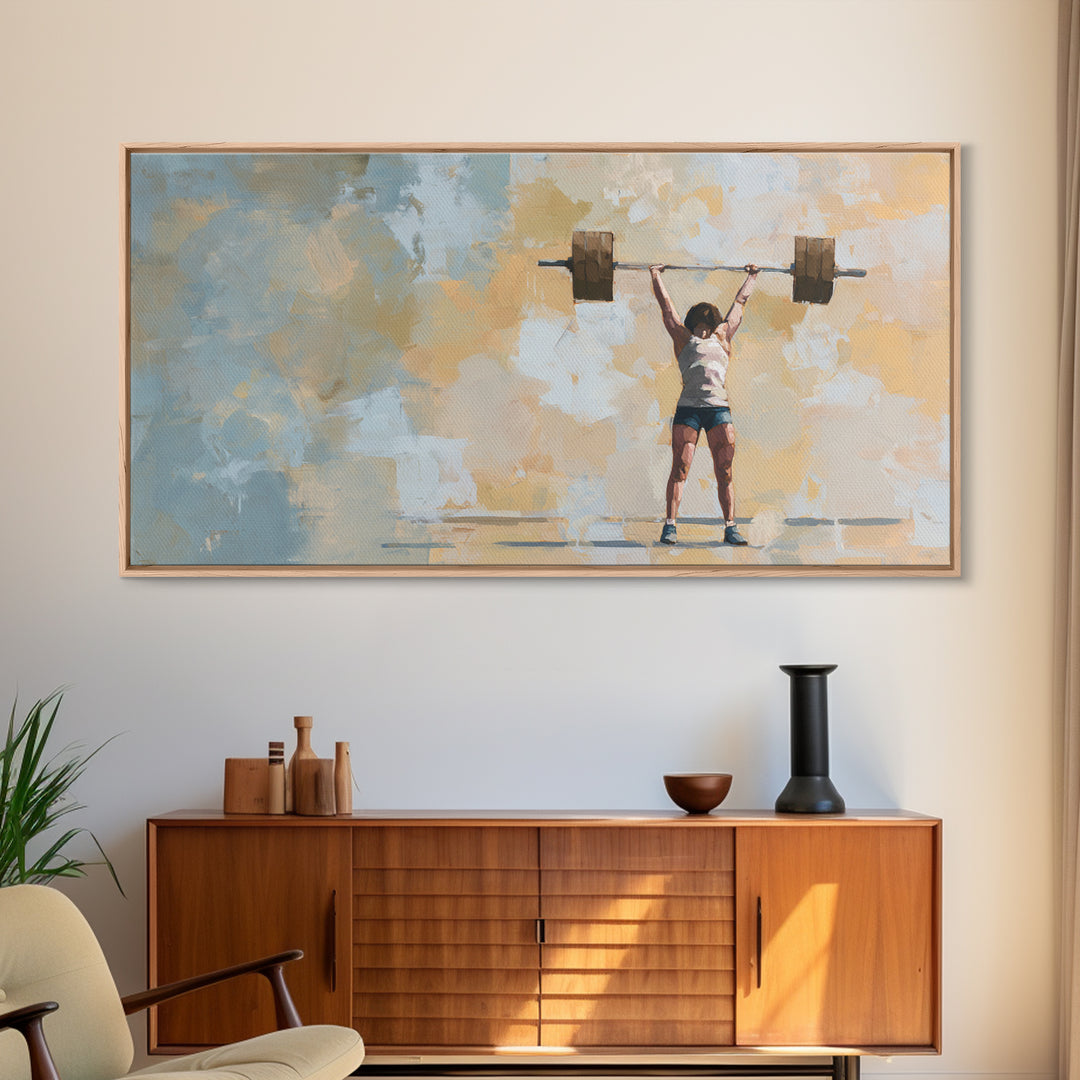 Female Weightlifter with Triumphant Stance Framed Canvas Print, Gym Art, Man Cave Decor, Gym Decor, Fine Art, Strength, GYM-2x1-3