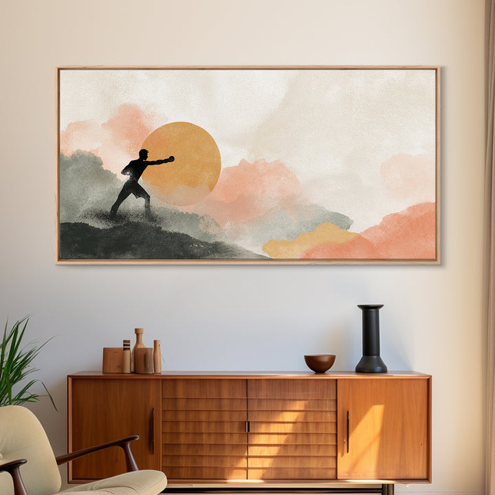 Powerful Boxer Silhouette Framed Canvas Print, Gym Art, Man Cave Decor, Gym Decor, Fine Art, Strength, Home Gym Decor, GYM-2x1-45