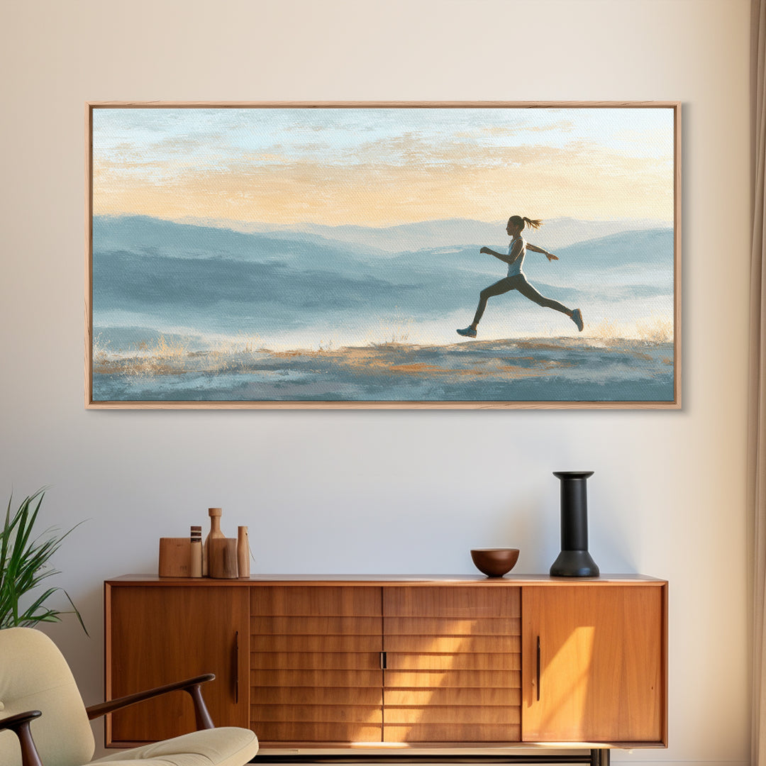 Runner on Mountain Ridge at Sunrise Framed Canvas Print, Gym Art, Canvas Wall Art, Gym Decor, Watercolor Art, Strength, GYM-2x1-56