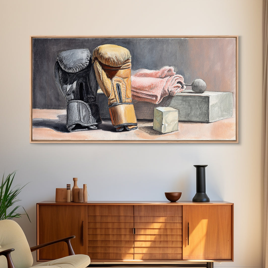 Boxing Glove and Towel Still Life Framed Canvas Print, Gym Art, Living Room Decor, Gym Decor, Oil Painting, Strength, GYM-2x1-60