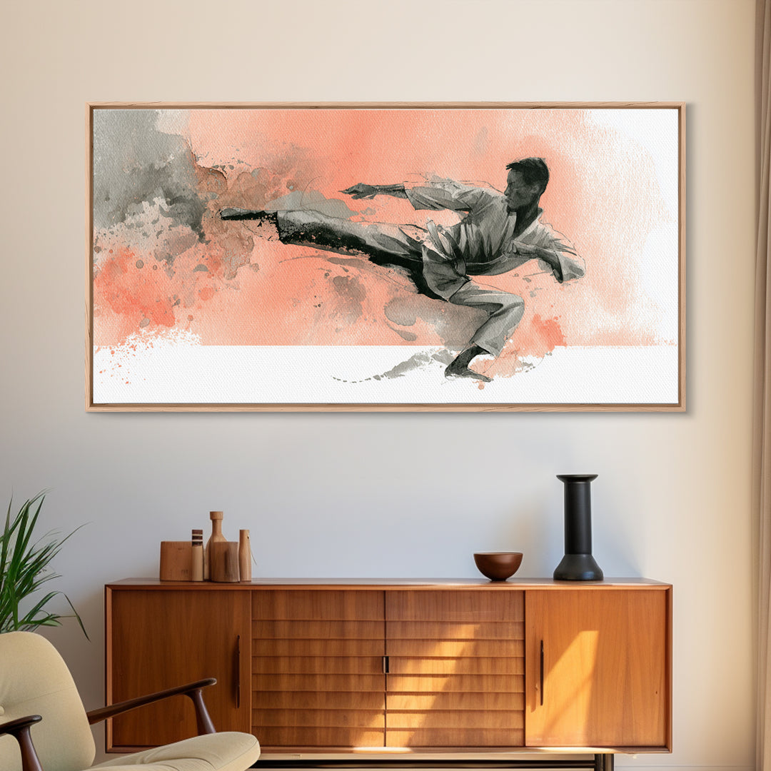 Martial Artist Kick Painted Framed Canvas Print, Gym Art, Printable Wall Art, Gym Decor, Fine Art, Strength, Sports Decor, GYM-2x1-7