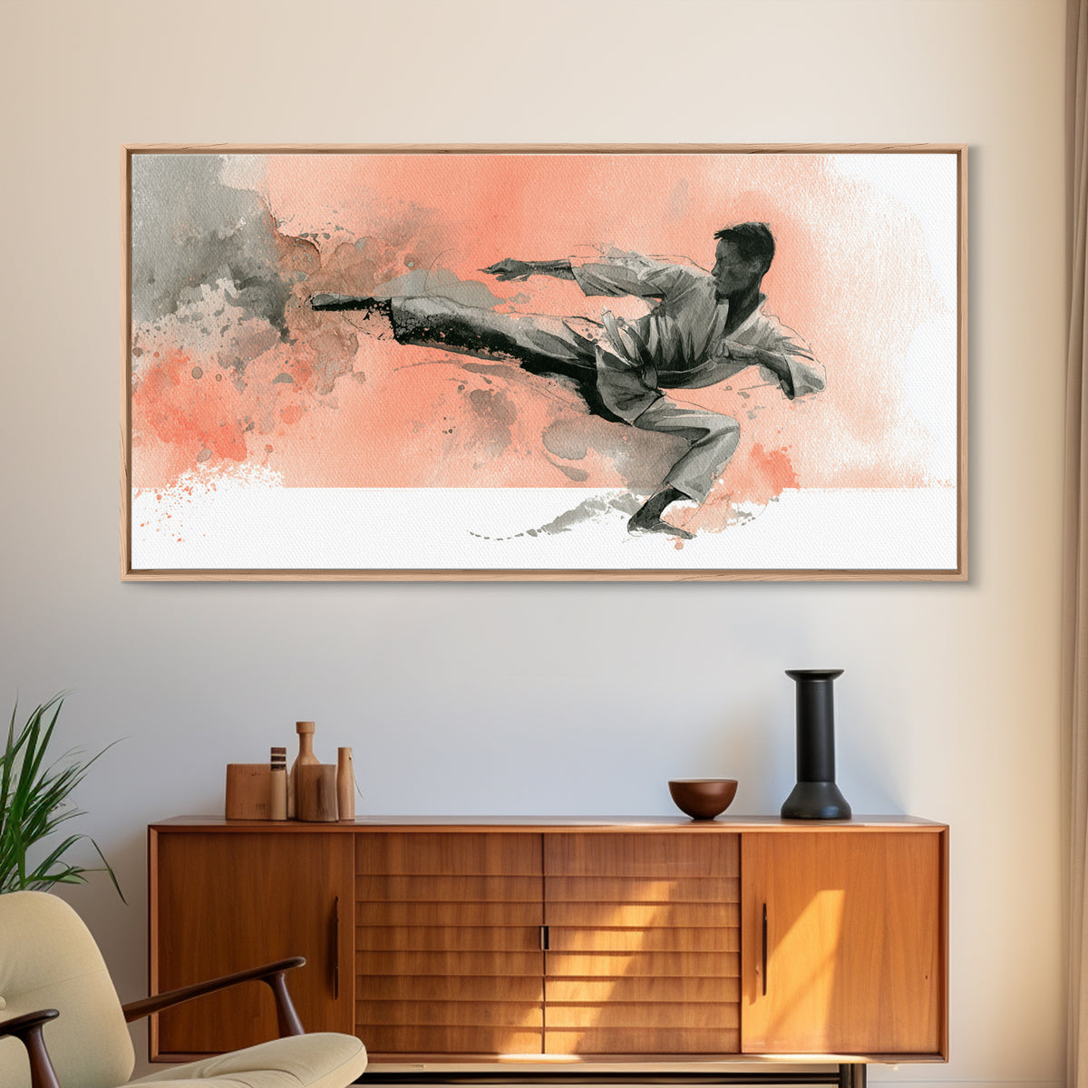 Martial Artist Kick Painted Framed Canvas Print, Gym Art, Printable Wall Art, Gym Decor, Fine Art, Strength, Sports Decor, GYM-2x1-7