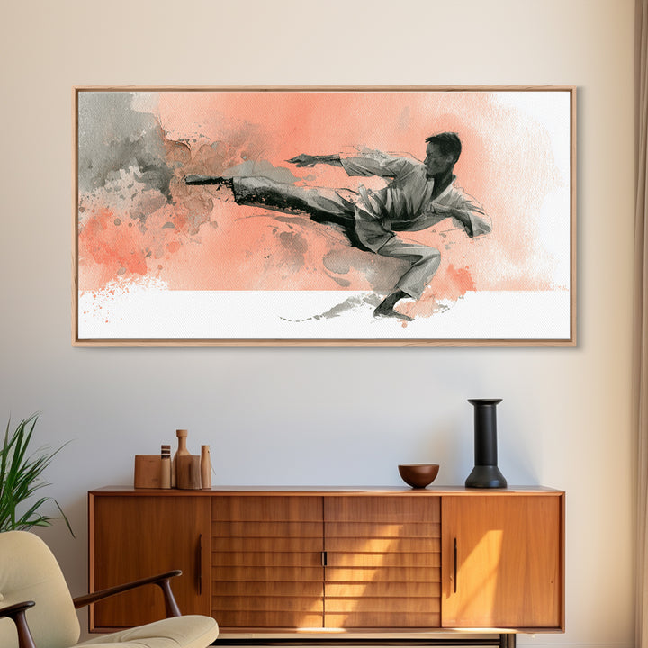 Martial Artist Kick Painted Framed Canvas Print, Gym Art, Printable Wall Art, Gym Decor, Fine Art, Strength, Sports Decor, GYM-2x1-7
