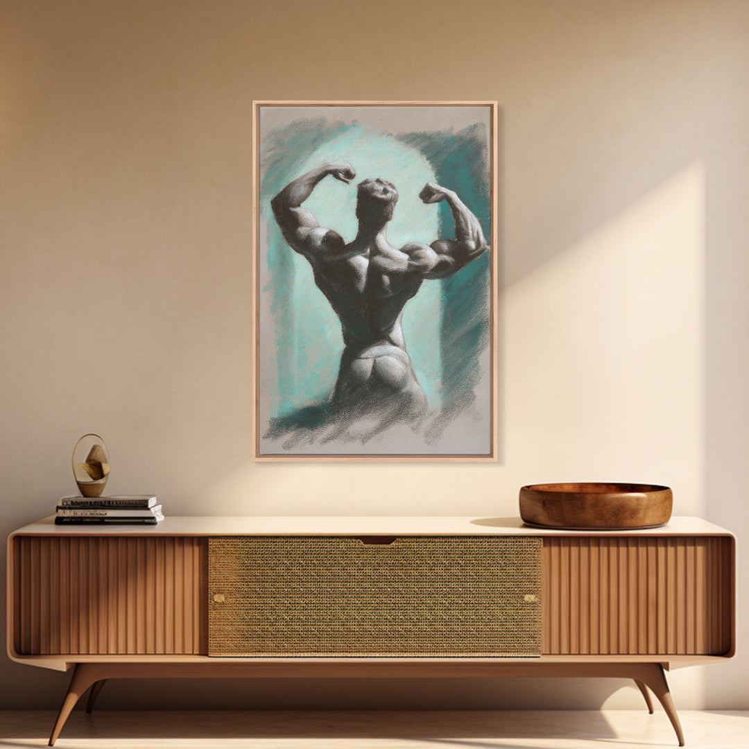Bodybuilder Pose Rendered Framed Canvas Print, Gym Art, Living Room Decor, Gym Decor, Oil Painting, Strength, Sports Poster, GYM-2x3-12