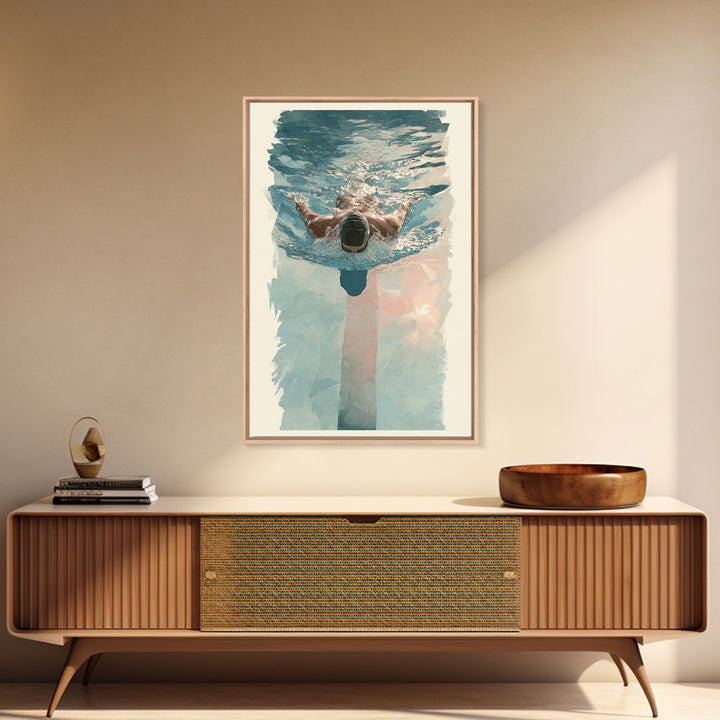 Swimmer Cutting Through Blue Water Framed Canvas Print, Gym Art, Living Room Decor, Gym Decor, Oil Painting, Strength, GYM-2x3-51