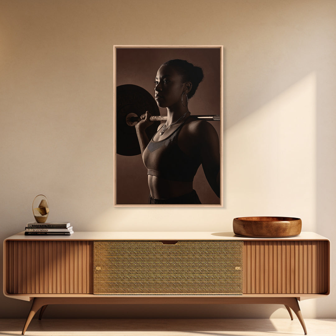 Barbell and Plates Canvas Print, Gym Art, Black Girl Wall Art, Gym Decor, Fine Art, Strength, Gym Sign, Motivational Art, GYM-2x3-58