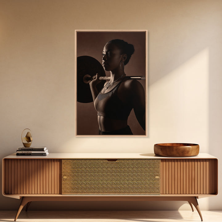 Barbell and Plates Canvas Print, Gym Art, Black Girl Wall Art, Gym Decor, Fine Art, Strength, Gym Sign, Motivational Art, GYM-2x3-58