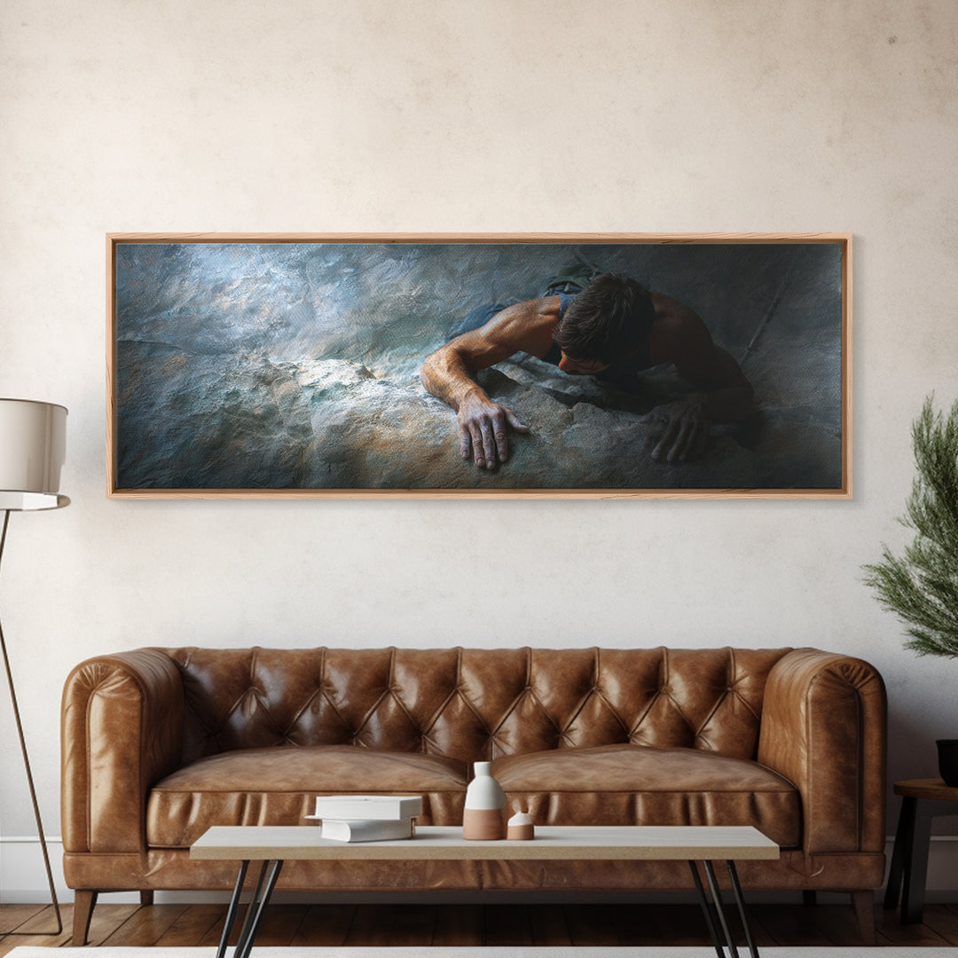 Rock Climber Reaching a Glowing Hold Framed Canvas Print, Gym Art, Bar Art, Gym Decor, Strength, Gym Sign, Motivational Art, GYM-3x1-2