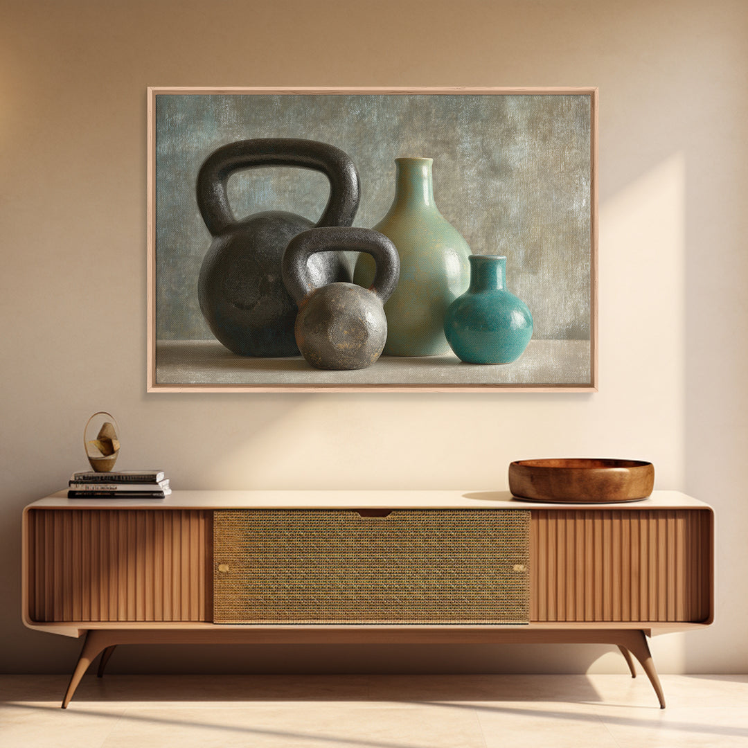 Kettlebell Still Life Canvas Print, Gym Art, Speakeasy Art, Gym Decor, Oil Painting, Strength, Minimalist Decor, GYM-3x2-37