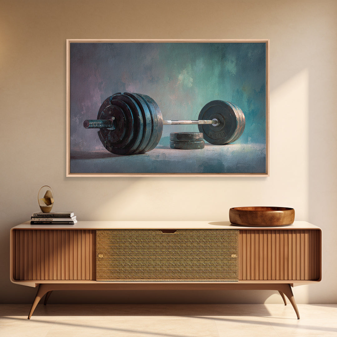 Barbell and Plates Framed Canvas Print, Gym Art, Framed Canvas, Gym Decor, Fine Art, Strength, Textured Painting, GYM-3x2-78