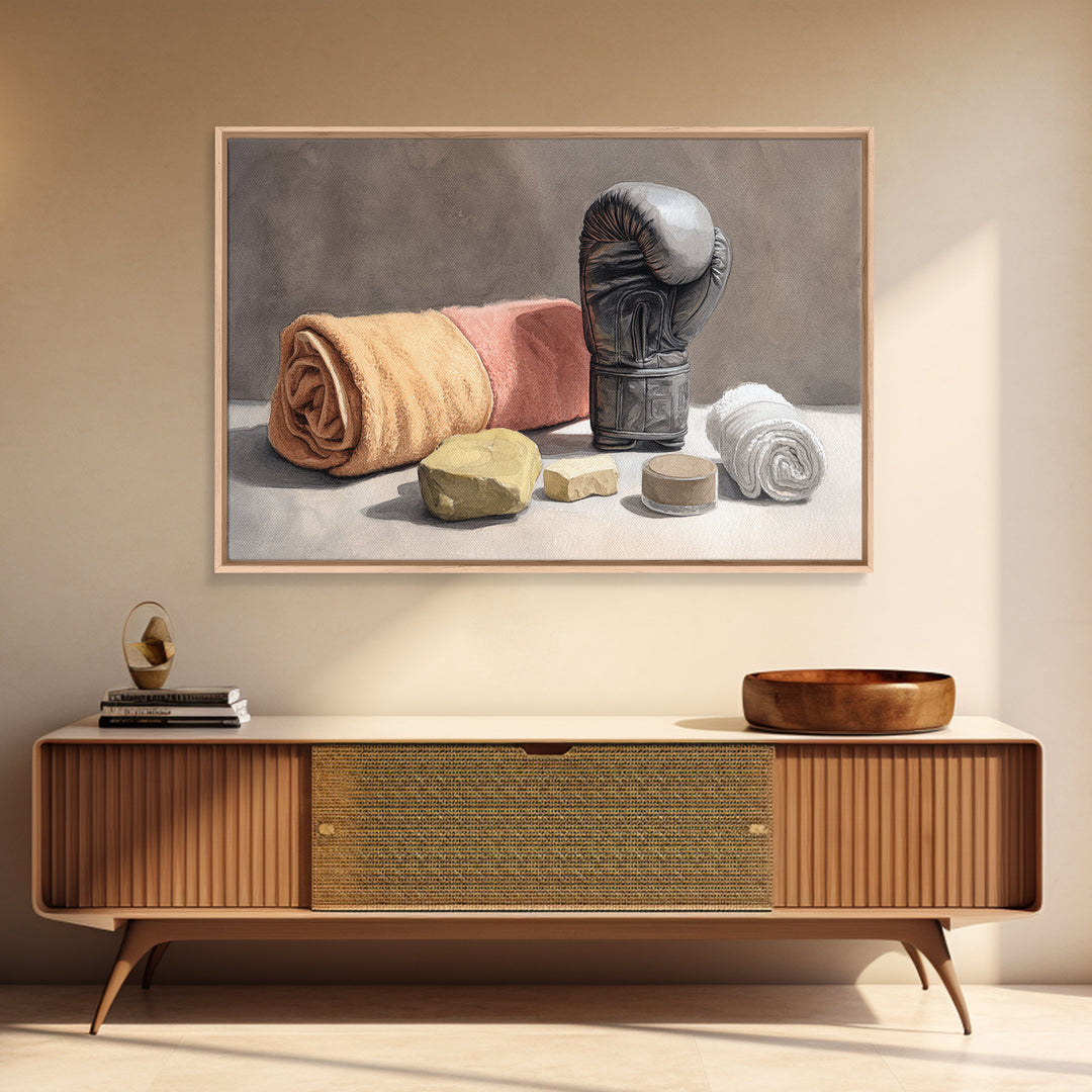 Boxing Glove and Towel Still Life Framed Canvas Print, Gym Art, Print, Gym Decor, Fine Art, Strength, Wall Decoration, GYM-3x2-92