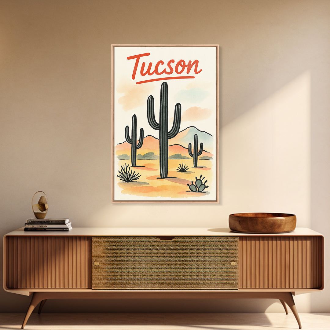 Tucson Travel Poster, Framed Canvas Print, Watercolor Urban Skyline Art, Tucson Travel Art, Gift For Travelers, City Travel Prints