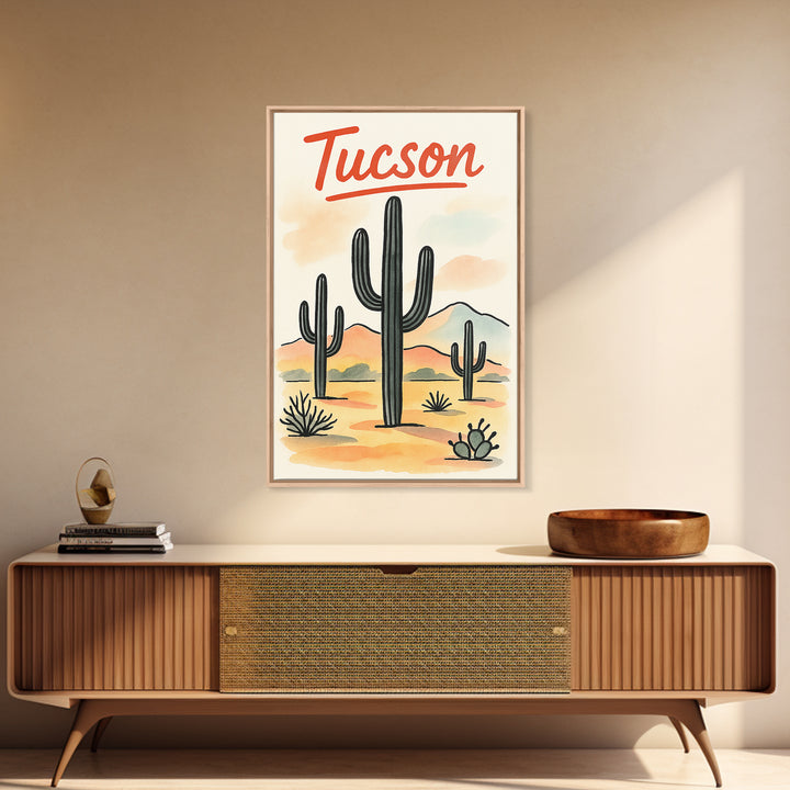 Tucson Travel Poster, Framed Canvas Print, Watercolor Urban Skyline Art, Tucson Travel Art, Gift For Travelers, City Travel Prints