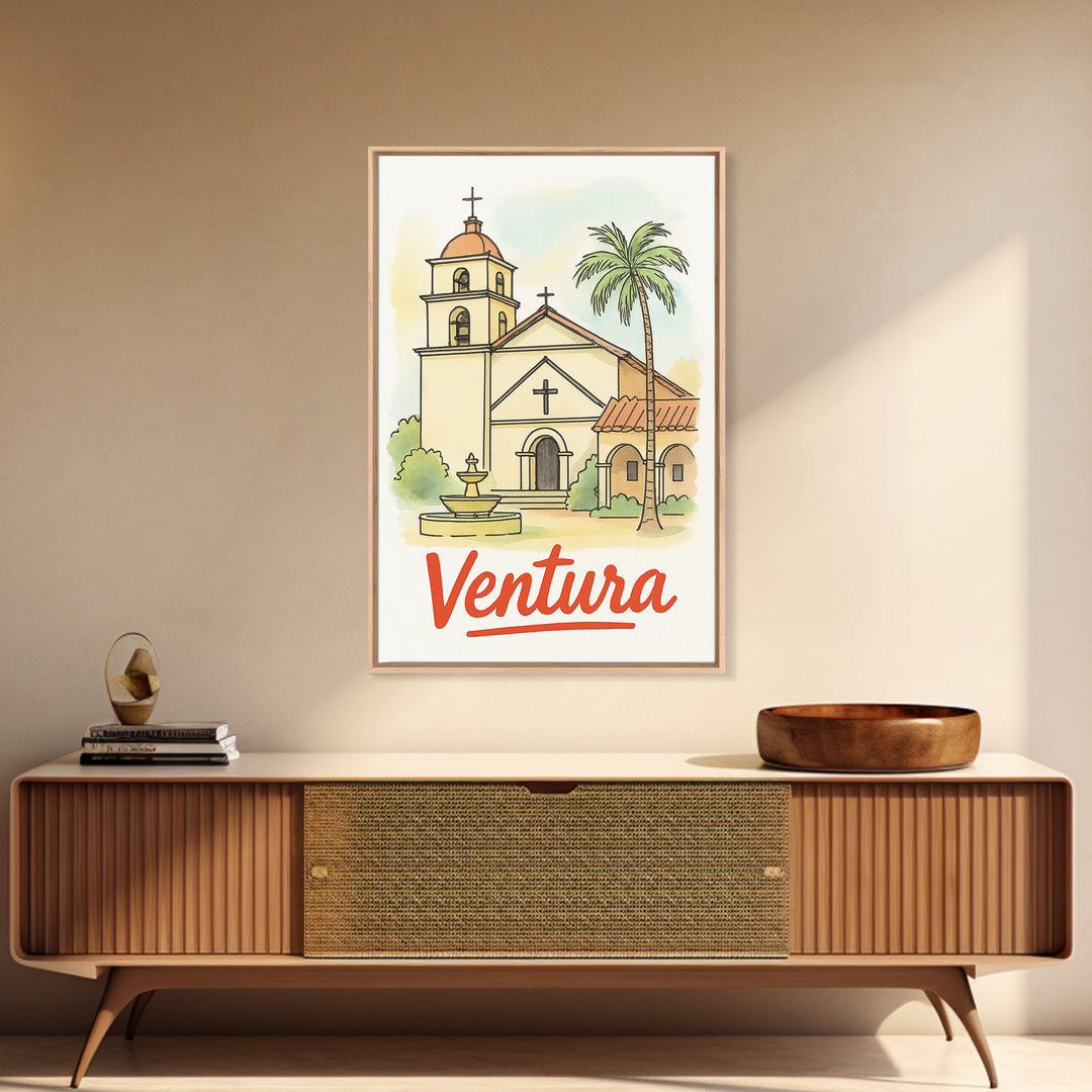 Ventura California Travel Poster, Framed Canvas Print, Illustrated City Wall Art, Ventura City Art, Travel Poster Art, Gift For Travelers