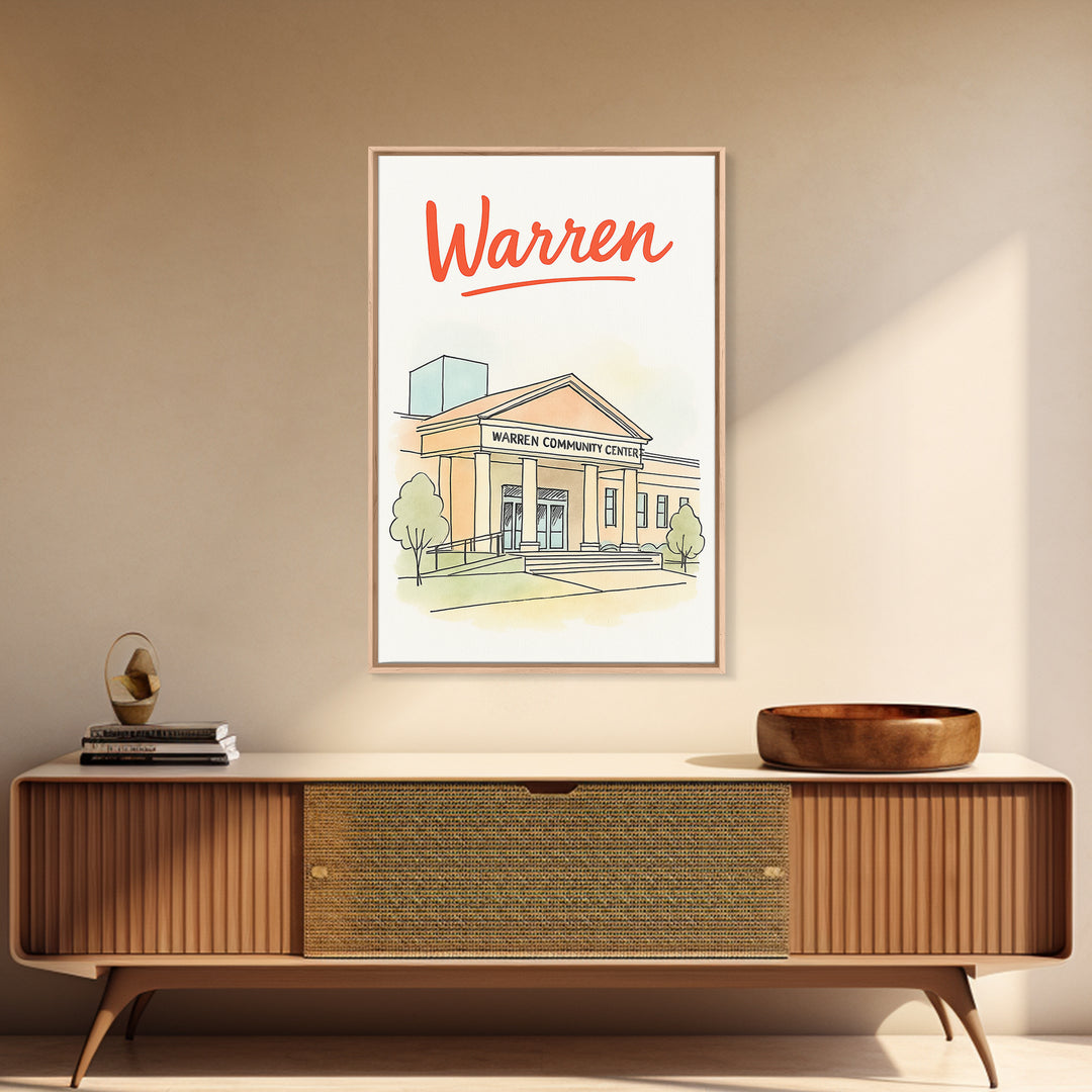Waren Travel Poster, Framed Canvas Print, Soft Sketch Travel Art, Waren Travel Art, Eclectic Wall Decor, Retro Travel Print, City Poster