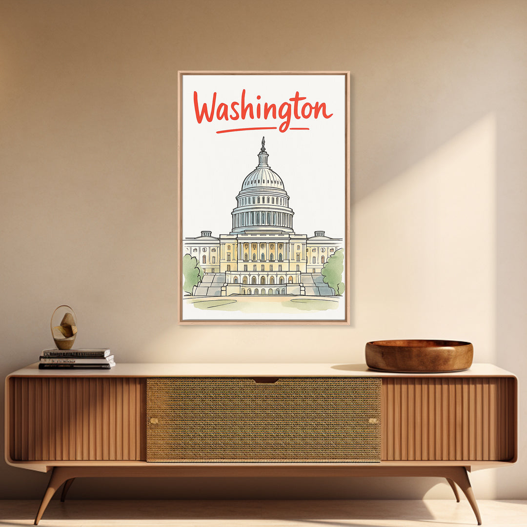 Washington Travel Poster, Framed Canvas Print, Soft Sketch Travel Art, Washington Poster Print, Travel Poster Art, City Illustration