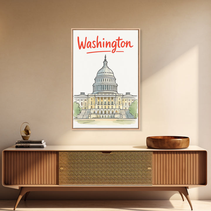 Washington Travel Poster, Framed Canvas Print, Soft Sketch Travel Art, Washington Poster Print, Travel Poster Art, City Illustration