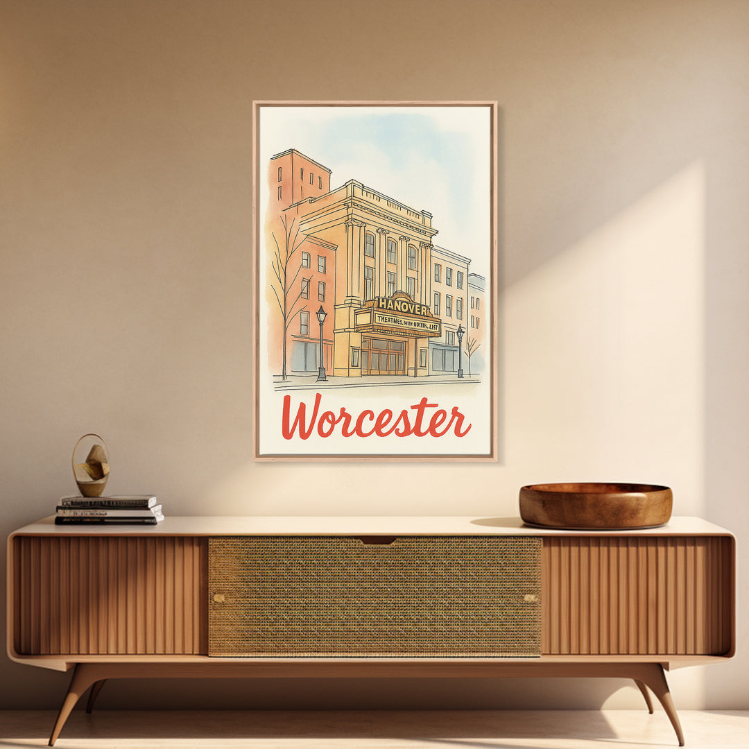 Worcester Massachusetts Travel Poster, Canvas Print, Illustrated City Wall Art, Worcester Art Print, Travel Art, Mid Century Wall Art