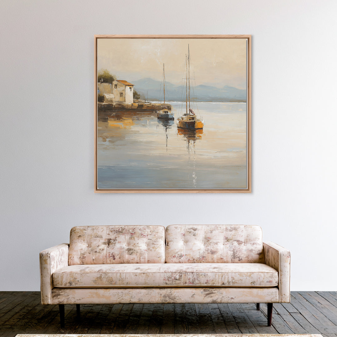 Quiet Harbor with Sailboats at Dawn Canvas Print, Hotel Art, Coastal Wall Art, Hotel Decor, Oil Painting, Boutique, HOT-1x1-22