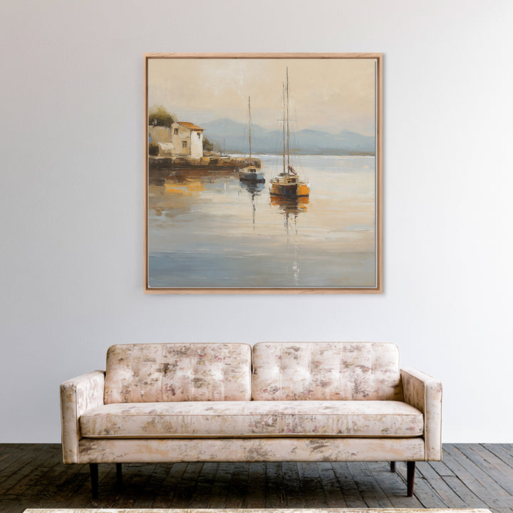 Quiet Harbor with Sailboats at Dawn Canvas Print, Hotel Art, Coastal Wall Art, Hotel Decor, Oil Painting, Boutique, HOT-1x1-22