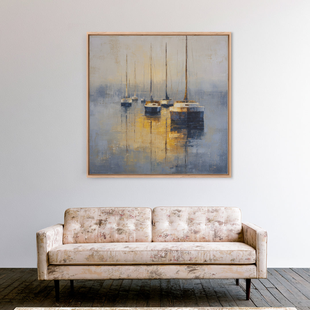 Quiet Harbor with Sailboats at Dawn Framed Canvas Print, Hotel Art, Gallery Wall Set, Hotel Decor, Fine Art, Boutique, HOT-1x1-46