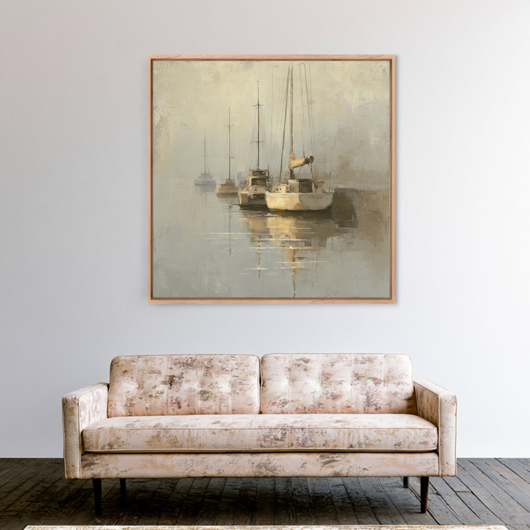 Quiet Harbor with Sailboats at Dawn Framed Canvas Print, Hotel Art, Gallery Wall Set, Hotel Decor, Fine Art, Boutique, HOT-1x1-70