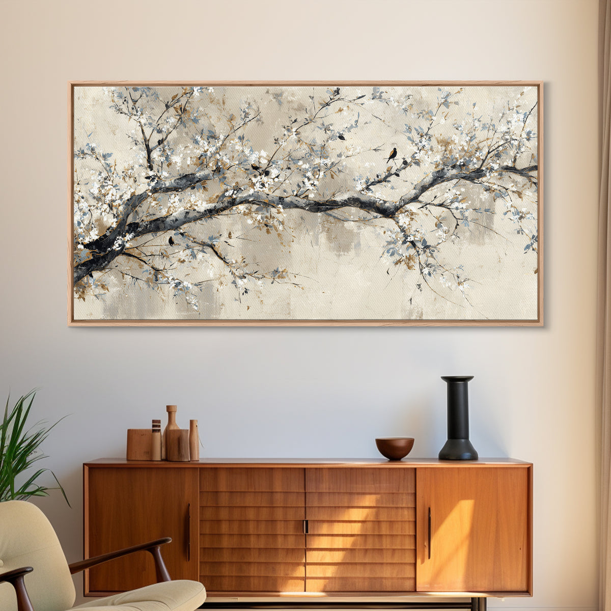 Elegant Botanical Branch on Ivory Ground Framed Canvas Print, Hotel Art, Art Print, Hotel Decor, Oil Painting, Boutique, HOT-2x1-1