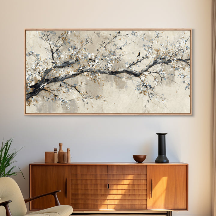 Elegant Botanical Branch on Ivory Ground Framed Canvas Print, Hotel Art, Art Print, Hotel Decor, Oil Painting, Boutique, HOT-2x1-1
