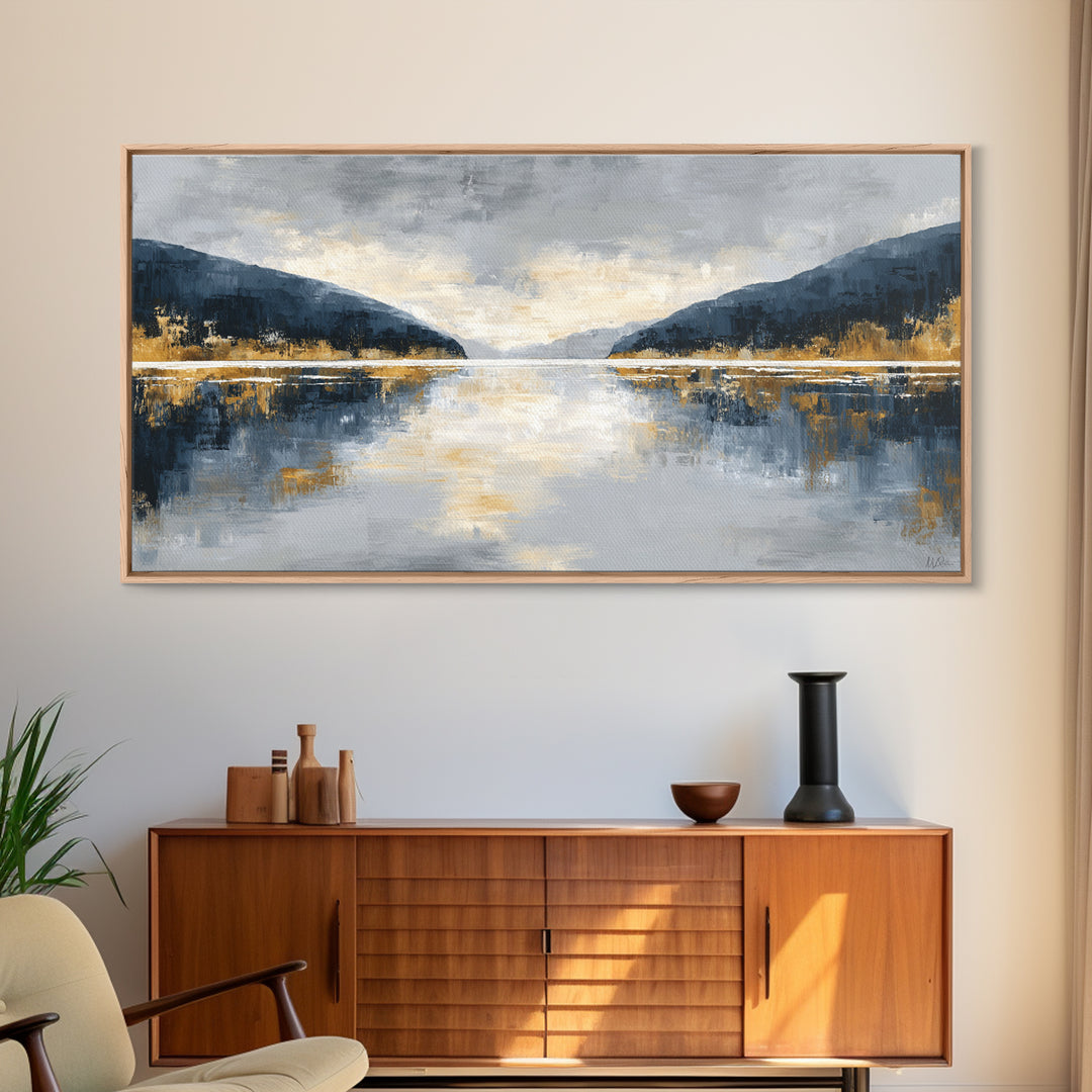 Serene Mountain Lake for Boutique Hotel Mood Framed Canvas Print, Hotel Art, Coastal Decor, Hotel Decor, Oil Painting, Boutique, HOT-2x1-100