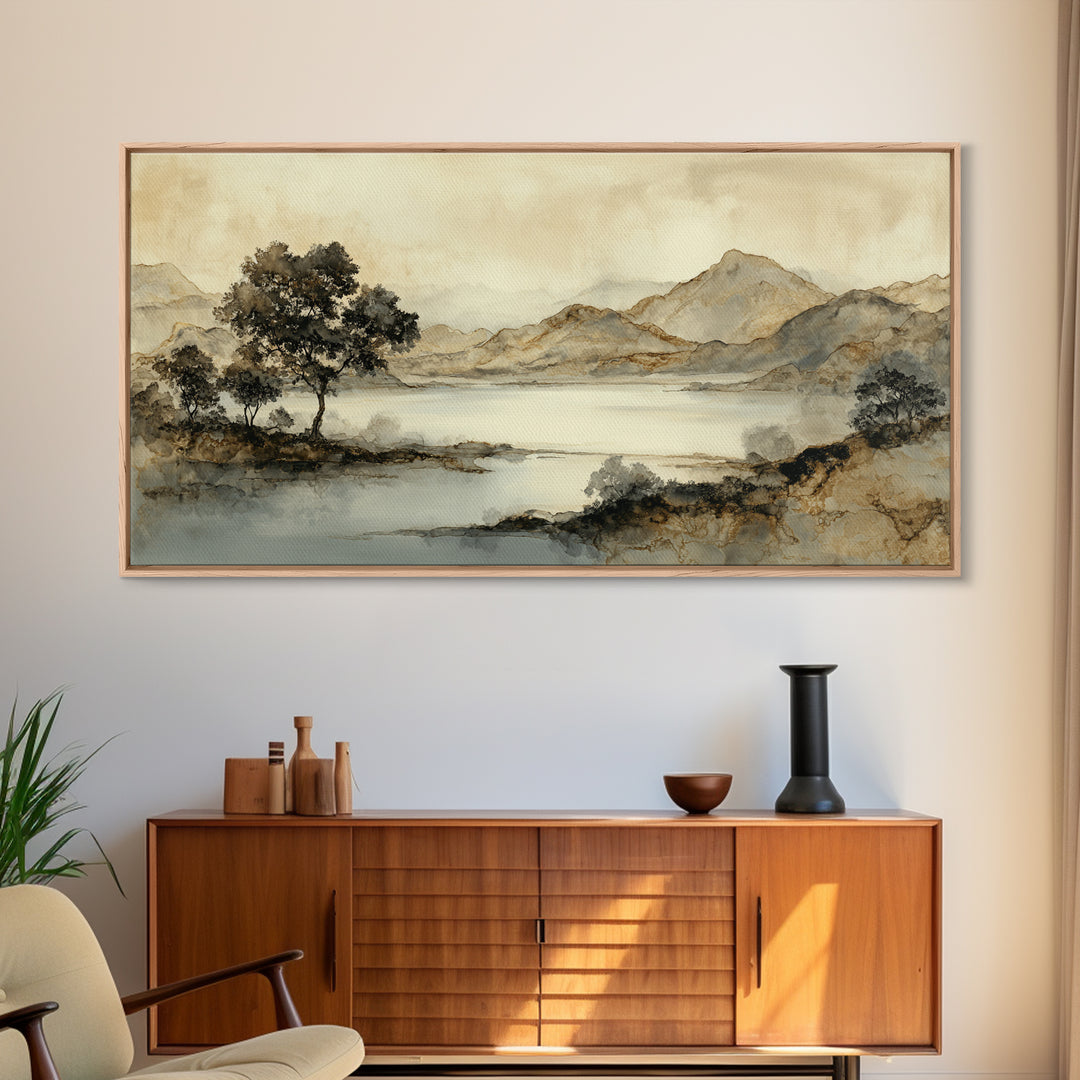 Japanese Ink Landscape Framed Canvas Print, Hotel Art, Luxury Decor, Hotel Decor, Fine Art, Boutique, Art Prints, Hazbin Hotel, HOT-2x1-14