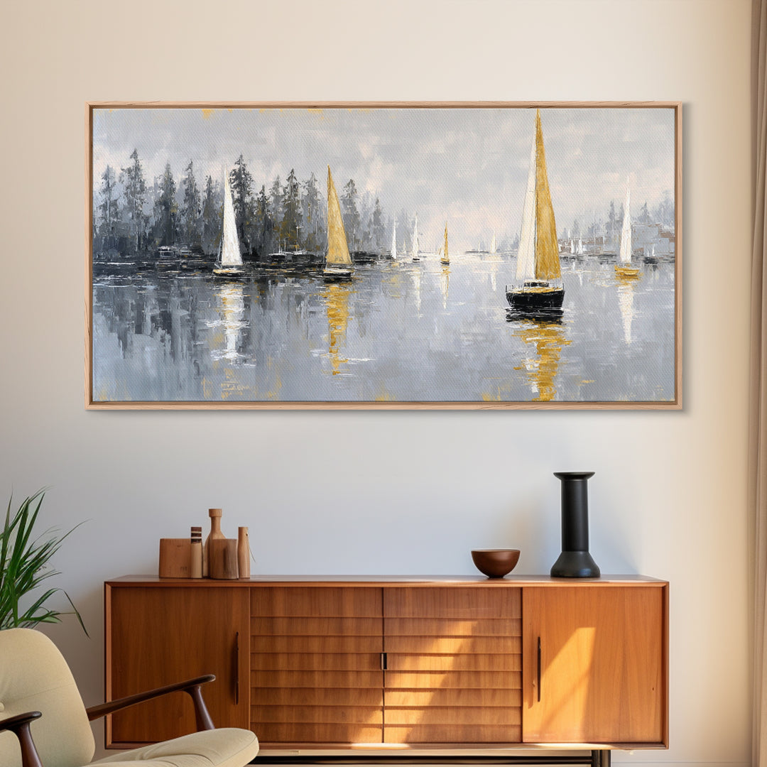Quiet Harbor with Sailboats at Dawn Framed Canvas Print, Hotel Art, Room Decor, Hotel Decor, Fine Art, Boutique, Art Print, HOT-2x1-18