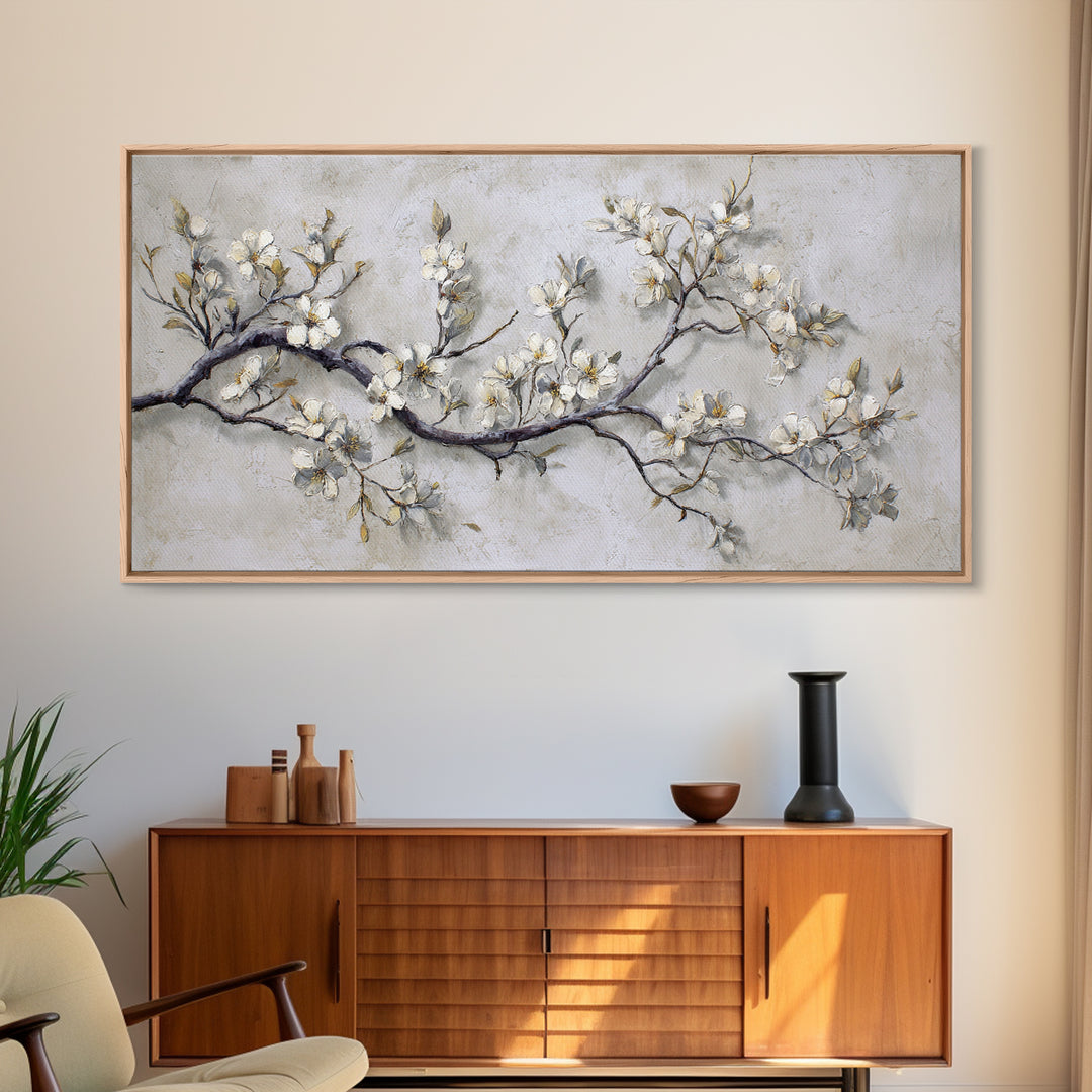 Elegant Botanical Branch on Ivory Ground Framed Canvas Print, Hotel Art, Art Print, Hotel Decor, Oil Painting, Boutique, HOT-2x1-25