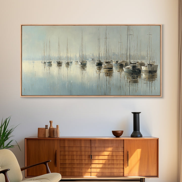 Quiet Harbor with Sailboats at Dawn Framed Canvas Print, Hotel Art, Room Decor, Hotel Decor, Fine Art, Boutique, Art Print, HOT-2x1-42