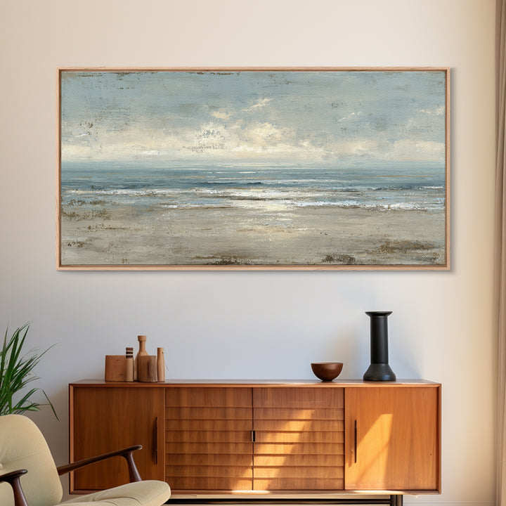 Mediterranean Terrace View Focused on Sea and Framed Canvas Print, Hotel Art, Living Room Decor, Hotel Decor, Boutique, HOT-2x1-55