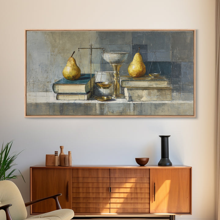 Elegant Pear Still Life on Linen Framed Canvas Print, Hotel Art, Art Deco, Hotel Decor, Fine Art, Boutique, Minimalist Wall Art, HOT-2x1-65