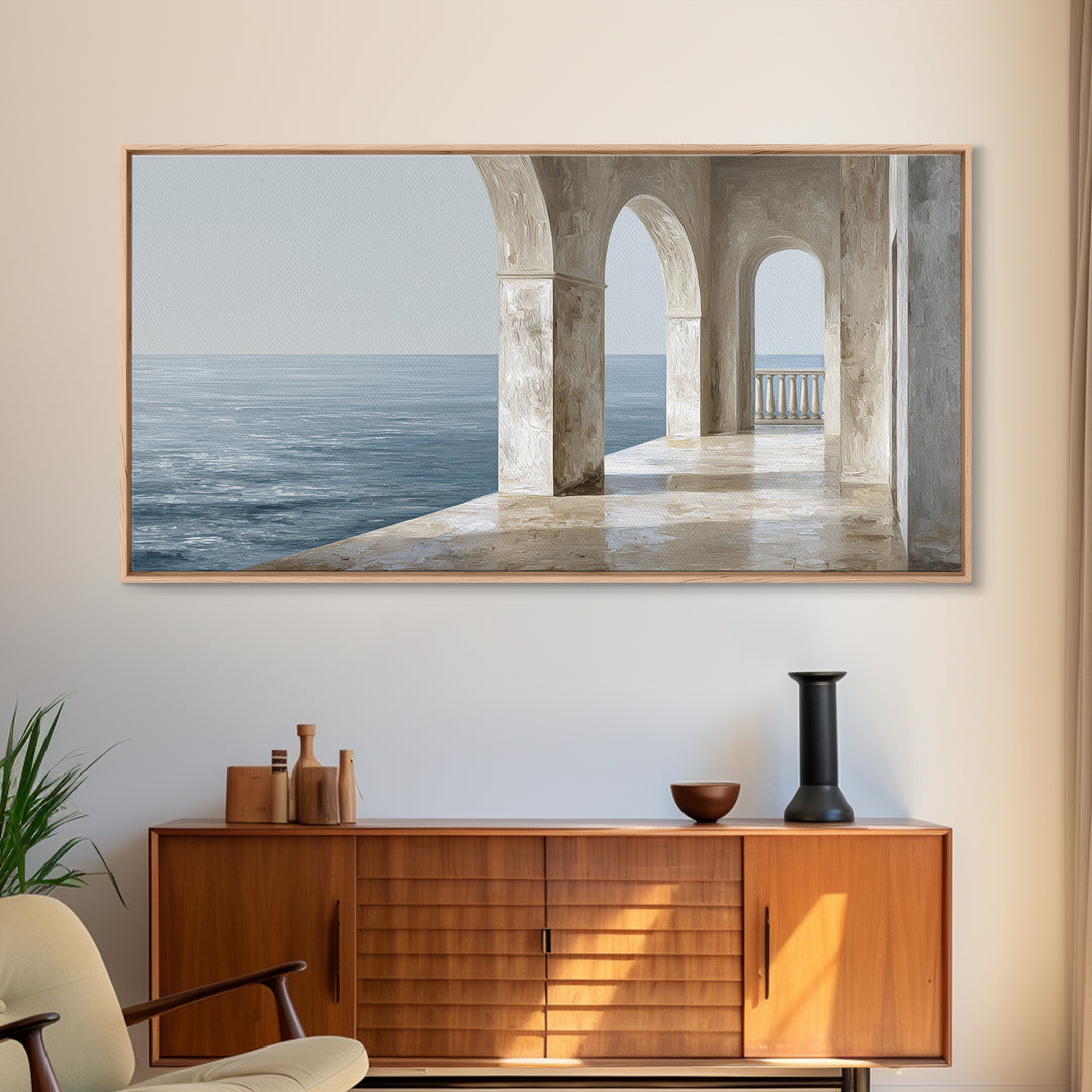 Mediterranean Terrace View Focused on Sea and Framed Canvas Print, Hotel Art, Painting, Hotel Decor, Fine Art, Boutique, HOT-2x1-7