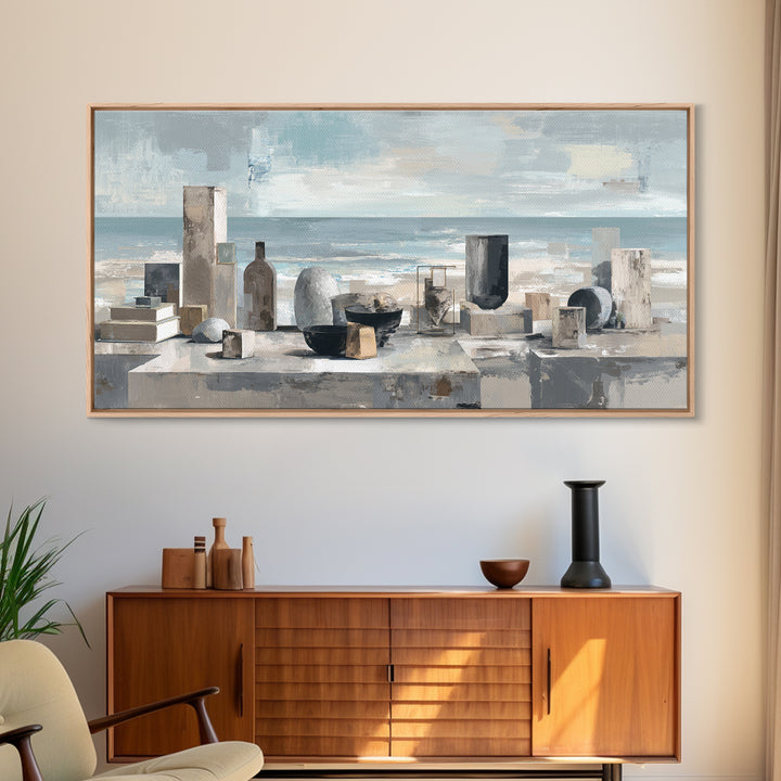 Mediterranean Terrace View Focused on Sea and Framed Canvas Print, Hotel Art, Travel Poster, Hotel Decor, Fine Art, Boutique, HOT-2x1-79