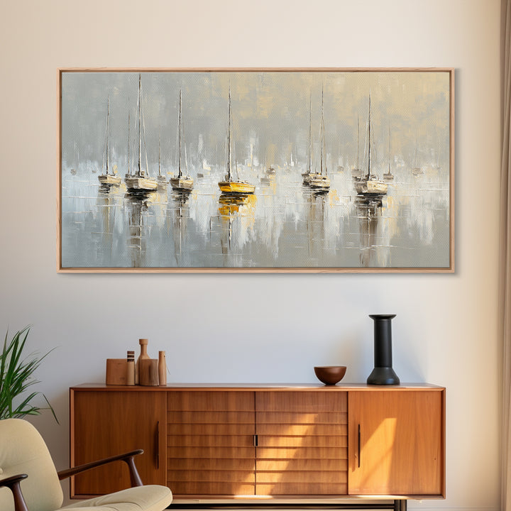 Quiet Harbor with Sailboats at Dawn Framed Canvas Print, Hotel Art, Hotel Decor, Oil Painting, Boutique, Modern Wall Art, HOT-2x1-90