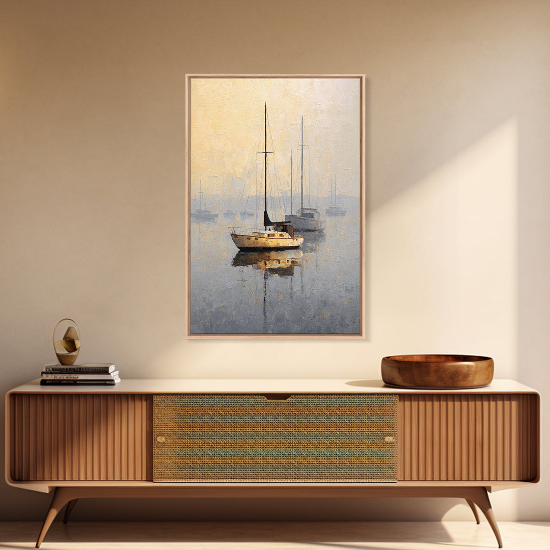 Quiet Harbor with Sailboats at Dawn Framed Canvas Print, Hotel Art, Mid Century Modern, Hotel Decor, Fine Art, Boutique, HOT-2x3-78