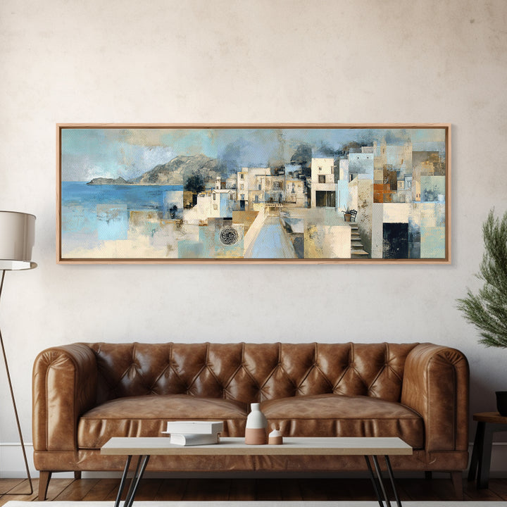 Mediterranean Terrace View Focused on Sea and Framed Canvas Print, Hotel Art, Textured Painting, Hotel Decor, Boutique, HOT-3x1-27