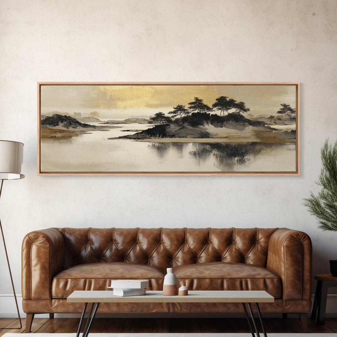 Japanese Ink Landscape Canvas Print, Hotel Art, Art Deco, Hotel Decor, Boutique, Minimalist Wall Art, Gallery Wall Art, HOT-3x1-34