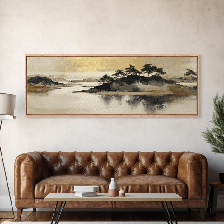 Japanese Ink Landscape Canvas Print, Hotel Art, Art Deco, Hotel Decor, Boutique, Minimalist Wall Art, Gallery Wall Art, HOT-3x1-34