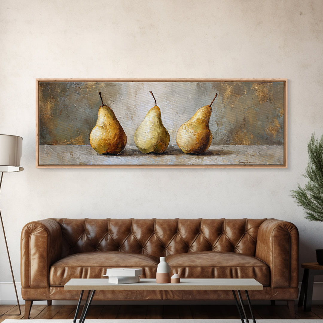 Elegant Pear Still Life on Linen Framed Canvas Print, Hotel Art, Beach Decor, Hotel Decor, Abstract Art, Boutique, Boho Decor, HOT-3x1-37