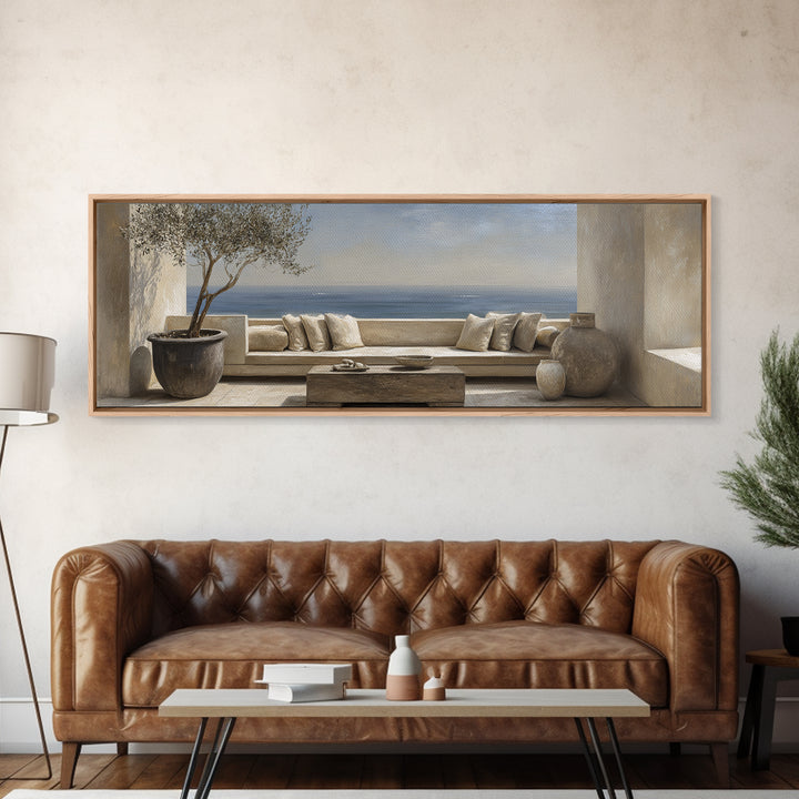 Mediterranean Terrace View Focused on Sea and Framed Canvas Print, Hotel Art, Art Print, Hotel Decor, Fine Art, Boutique, HOT-3x1-99