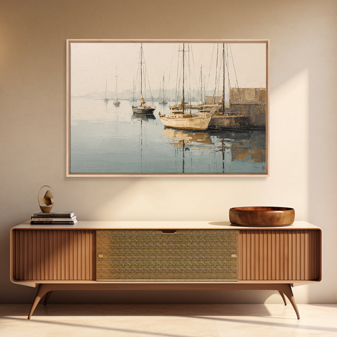 Quiet Harbor with Sailboats at Dawn Framed Canvas Print, Hotel Art, Mid Century Modern, Hotel Decor, Fine Art, Boutique, HOT-3x2-2