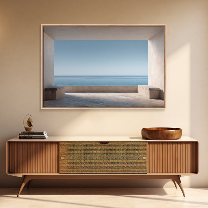 Mediterranean Terrace View Focused on Sea and Framed Canvas Print, Hotel Art, Contemporary Art, Hotel Decor, Fine Art, Boutique, HOT-3x2-39