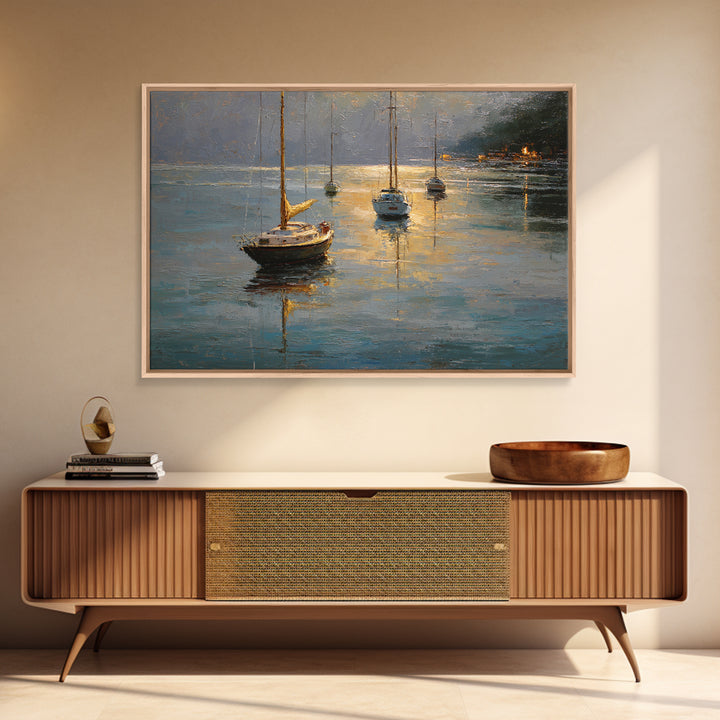 Quiet Harbor with Sailboats at Dawn Framed Canvas Print, Hotel Art, Coastal Wall Art, Hotel Decor, Oil Painting, Boutique, HOT-3x2-50