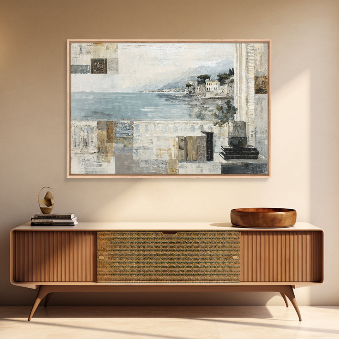 Mediterranean Terrace View Focused on Sea and Framed Canvas Print, Hotel Art, Coastal Decor, Hotel Decor, Fine Art, Boutique, HOT-3x2-63